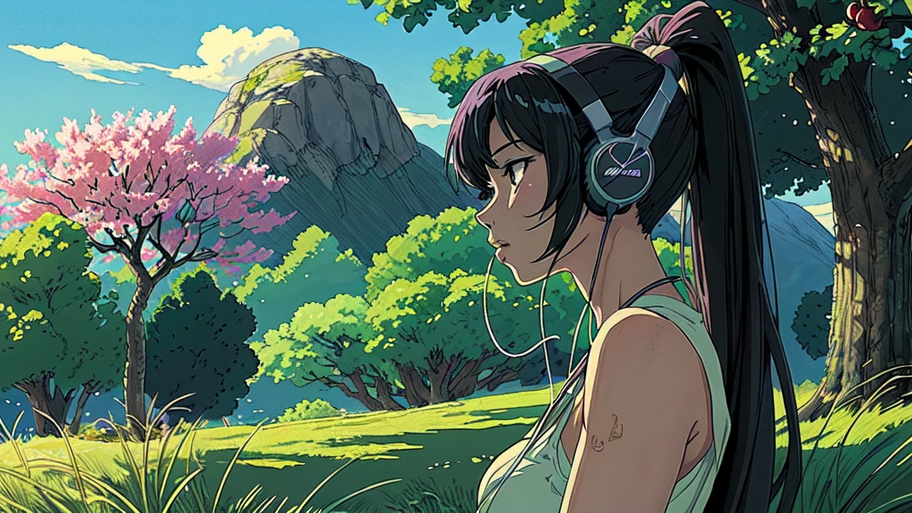 Anime girl with headphones and a cherry tree in the background sam yang, 1girl, black hair, breasts, closed mouth, day, grass, headphones, lips, long hair, mountain, outdoors, profile, shadow, small breasts, solo, tree , ((masterpiece)) anime background art, amazing wallpaper, background art, hd wallpaper, relaxing concept art, beautiful wallpaper, high quality desktop wallpaper, background artwork, pc wallpaper, anime background, wallpaper hd, 8K image quality, Masterpiece