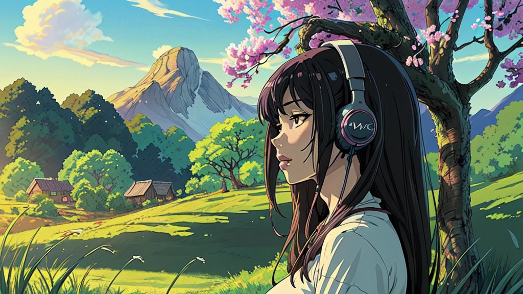 Anime girl with headphones and a cherry tree in the background sam yang, 1girl, black hair, breasts, closed mouth, day, grass, headphones, lips, long hair, mountain, outdoors, profile, shadow, small breasts, solo, tree , ((masterpiece)) anime background art, amazing wallpaper, background art, hd wallpaper, relaxing concept art, beautiful wallpaper, high quality desktop wallpaper, background artwork, pc wallpaper, anime background, wallpaper hd, 8K image quality, Masterpiece
