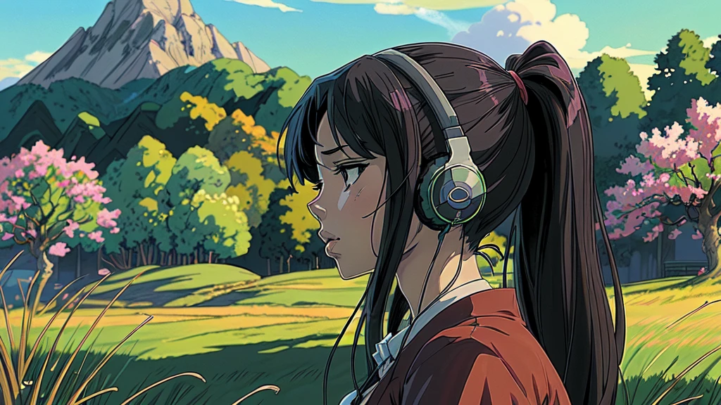 Anime girl with headphones and a cherry tree in the background sam yang, 1girl, black hair, breasts, closed mouth, day, grass, headphones, lips, long hair, mountain, outdoors, profile, shadow, small breasts, solo, tree , ((masterpiece)) anime background art, amazing wallpaper, background art, hd wallpaper, relaxing concept art, beautiful wallpaper, high quality desktop wallpaper, background artwork, pc wallpaper, anime background, wallpaper hd, 8K image quality, Masterpiece
