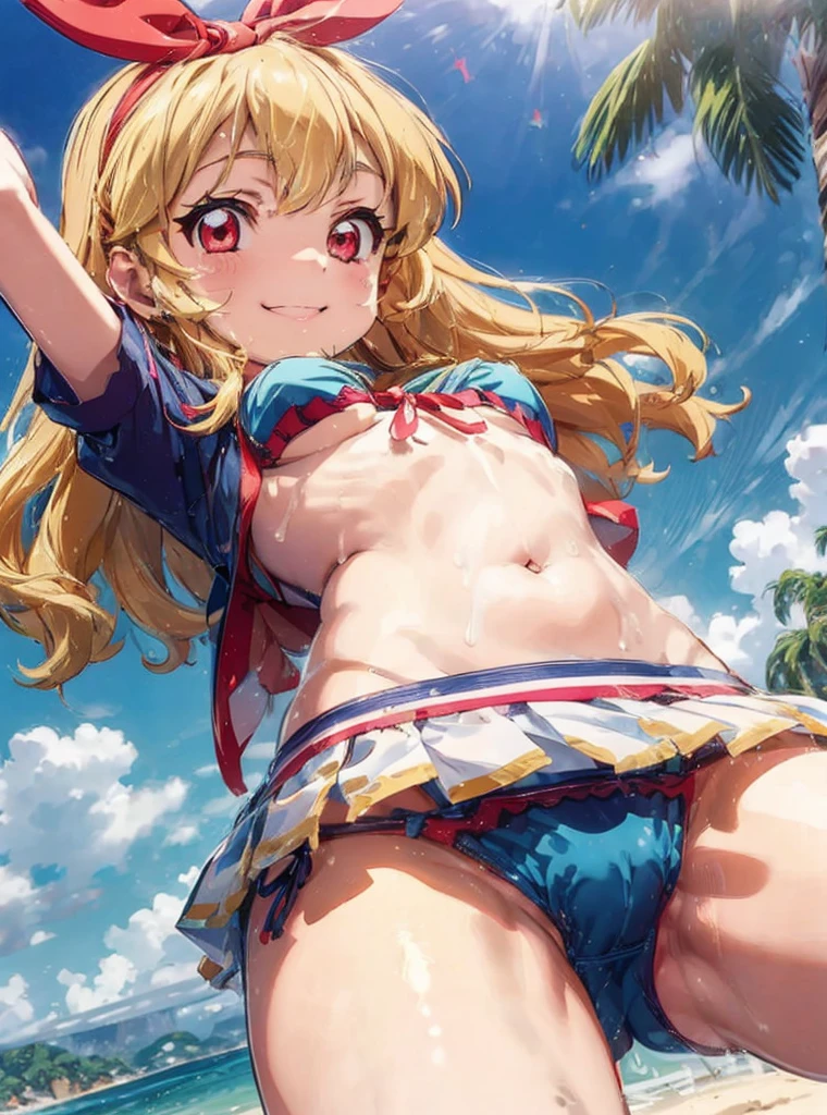 (Red ribbon on hair band:1.2)Lying on your stomach、Cartoon girl on the beach with legs spread wide, One girl, Miki Hoshii, Swimwear, bikini, Blonde, alone, chest, Long Hair, Green Eyes, Checkered clothing, Ahoge, Top-down Bottom-up, green bikini, Covered in semen,Creampie,((Detailed pussy)), Day, smile, large chest, side-tie bikini bottom,Hoshimiya Ichigo (Aikatsu!),