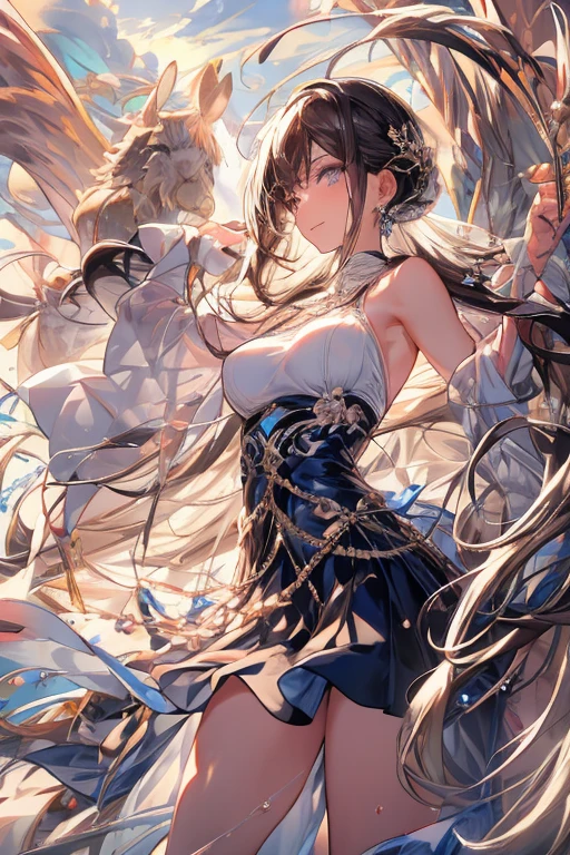 (from below:1.2),(from side:0.9), (Close-Up:0.6), highest quality、(real、photorealistic:1.4)、(RAW photo:1.2)(Curve,Model,glamor:1.5),Beautiful breasts,colour_aberration,beautiful detailed shadow,Beautiful eyes,Beautiful body,Beautiful skin,beautifull hands,(medium_breasts:1.5),1 girl in, (perky chest:1.2), (pointed chest:1.2), dark bronde hair,long hair,side ponytail,hair between eyes,bangs,Purplish brown eyes that dreamers desire, (Blonde hair) , small stature, Colossal tits, Lori, (masutepiece:1.2, Best Quality), (finely detailed beautiful eye: 1.2), (beautifull detailed face), (Best Illumination, extremely delicate and beautiful), ((Cinematic Light)), Dramatic light,Ultra Contrast、Braid a little around the ears, clavicle, red long dress、only has 5 fingers,Her pussy is visible through the see-through white thong、Wet pants、You can see inside your underwear、full of sweat、mocking look、diaper、nffsw,Arms crossed、grab the arm、Shoot from below、The angle is as seen from below.、Best Quality、Large breasts、muscular pussy:1.2、Pubic hair,high-level image quality、hightquality、8K,perfect hand、5 fingers、finger pin、Perfect Finger、see-through T back、Naked、noise cut、bullet hand、Her hair color should have been a brighter brown,The skirt part is also carefully expressed,brown skirt、the skirt is floating in the wind:1.3、see-through purple panties、Pubic hair majority,(with sparkling eyes and a contagious smile),her thin pubic hair:1.2, looking at viewer