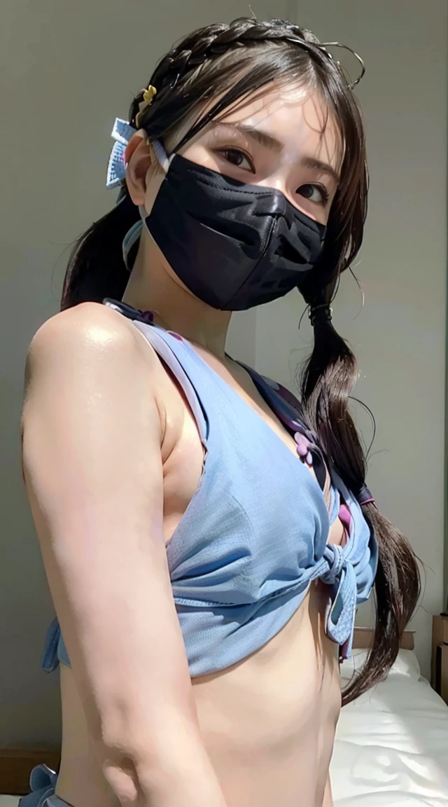 Wearing a bikini、((Tied up hair、Wearing a mask、Small breasts:1.5)、、(Highest quality、8K、32k、masterpiece、Best Quality))、Japanese、Very cute child、beautiful girl、Bright smile、Glowing Skin、Blurred Background、whole body、bed