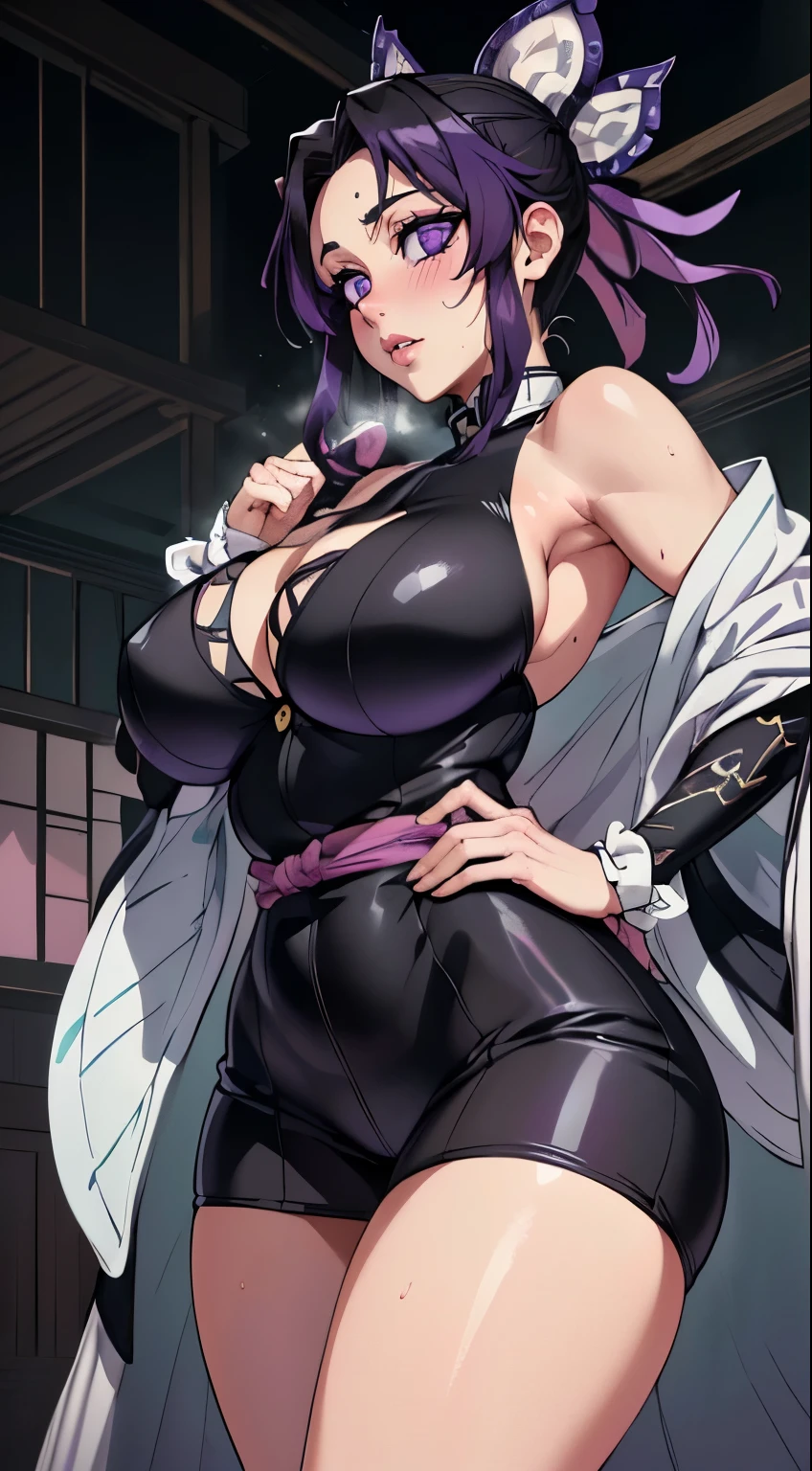 Best Quality,8K,high resolution,masterpiece:1.2), (ultra detailed), (unclothed) (NSFW not safe for work art), (Shinobu Kocho (Kimetsu no yaiba season 3 settings), (pose Sexual), (realist,photorealist,photo-realist:1.37), (HDR,HD), (portrait), (vivid colors), (long legs), (clearly elongated face), (Hermosos detailed eyes), (purple eyes profundos), (beautiful detailed lips), (extremely detailed eyes and face), bright Eyes, purple eyes:1.5 (hair, purple hair, ), Dynamic angle and posture, soaked in sweat, perspiration, undressing (long eyelashes), (short hair between eyes black), (sharp focus), (physically based rendering), (unclothed), (big breasts) (open legs), (intense), (expression of intense desire), (Motion blur), (elegant), (slim figure), (anime inspired), (bright lights), (Sexual), (contrasting colors), (mysterious atmosphere), (action packed scene), (Unique style), (striking), (Handsome), (evocative), (expressive), (Intriguing atmosphere), (giant breasts:1.2) ((Best Quality)),((Very detailed)),masterpiece,absurdities,detailed face,beautiful face,(detailed eyes, deep eyes),(1 girl),((dynamic pose)),