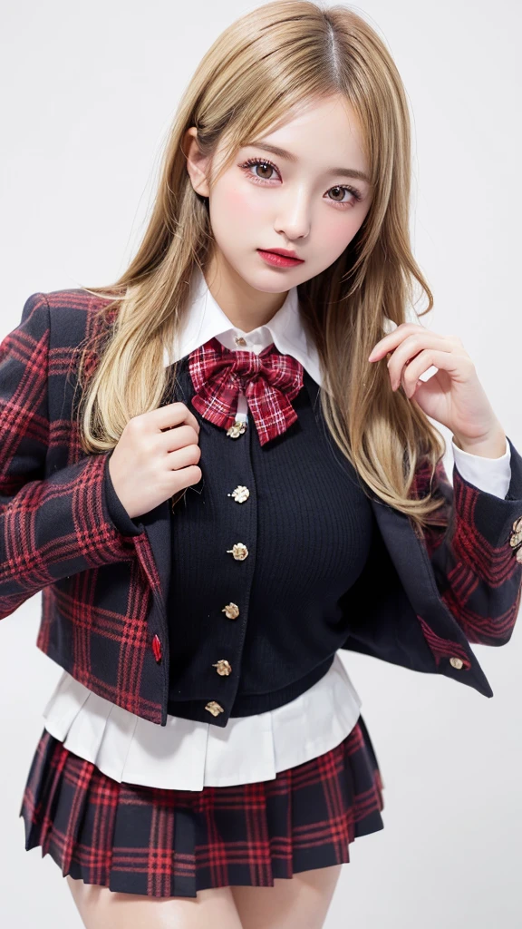 (((forehead、Blonde、Northern Europe、White people、beautiful girl、Blonde、White background、AKB48、Idol、Red plaid、uniform、mini skirt、Jacket)))、table top, highest quality, figure, super detailed, finely, High resolution, 8k wallpaper, Perfect dynamic composition, detailed and beautiful eyes, Deco out,bionde, medium hair, super big breasts, Natural color lip,white background, random cute poses,frill dress