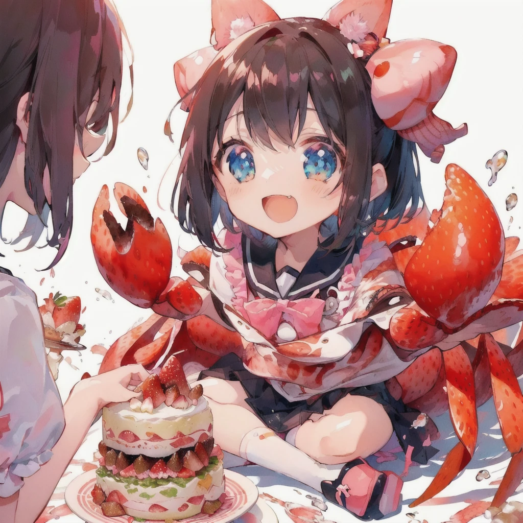 Anime girl sitting on the ground holding a plate of strawberry cake and a crab, Open Mouth Smile,Anime Food, splash art anime change, Cute Anime, ❤🔥🍄🌪, everyone, Best anime 4k konachan wallpaper, Pixiv, Eat cake, Cute Anime girl, headcrab, Anime Wallpaper, change, small change girl, Cute artwork