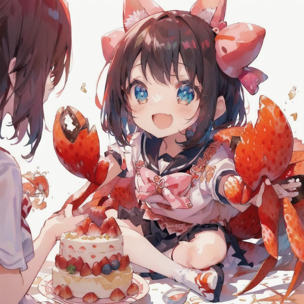 Anime girl sitting on the ground holding a plate of strawberry cake and a crab, Open Mouth Smile,Anime Food, splash art anime change, Cute Anime, ❤🔥🍄🌪, everyone, Best anime 4k konachan wallpaper, Pixiv, Eat cake, Cute Anime girl, headcrab, Anime Wallpaper, change, small change girl, Cute artwork