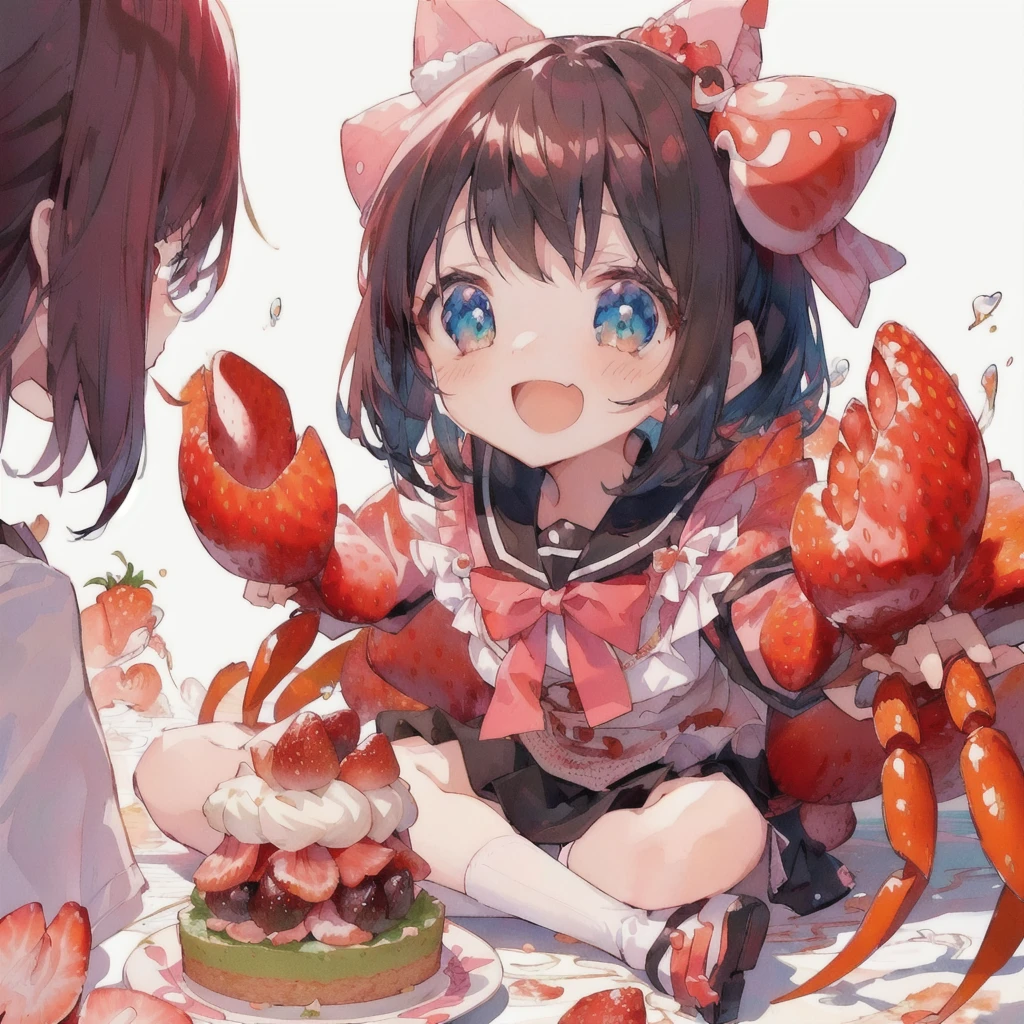 Anime girl sitting on the ground holding a plate of strawberry cake and a crab, Open Mouth Smile,Anime Food, splash art anime change, Cute Anime, ❤🔥🍄🌪, everyone, Best anime 4k konachan wallpaper, Pixiv, Eat cake, Cute Anime girl, headcrab, Anime Wallpaper, change, small change girl, Cute artwork