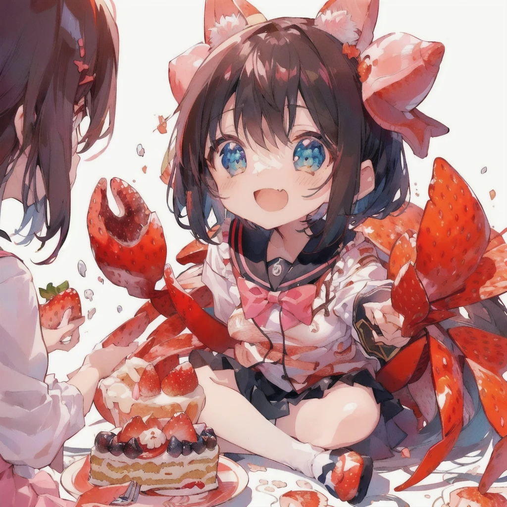 Anime girl sitting on the ground holding a plate of strawberry cake and a crab, Open Mouth Smile,Anime Food, splash art anime change, Cute Anime, ❤🔥🍄🌪, everyone, Best anime 4k konachan wallpaper, Pixiv, Eat cake, Cute Anime girl, headcrab, Anime Wallpaper, change, small change girl, Cute artwork