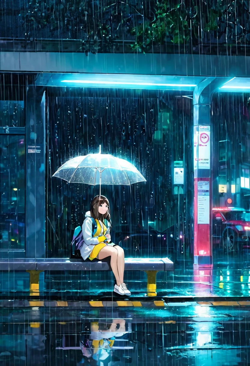 girl sitting at a bus stop with white umbrella on a rainy night in a city full of many lights