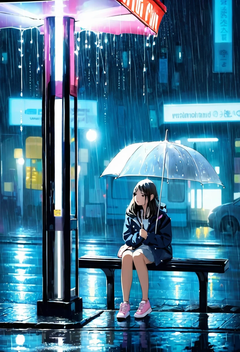 Teenage girl sitting at a bus stop with white umbrella on a rainy night in a city full of many lights
