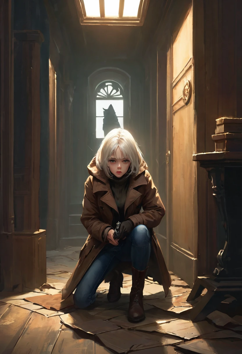 (Suspense scenes ((Concept Art)), A girl with rich details，Wearing jeans、Brown coat and boots), (Better lighting, Better shadows, Extremely subtle and terrifying), (Digital Illustration), ((4K)), [(Dynamic Angle,((1 Girl)),White hair, (Pretty Face, Perfect face, scared,) Expression of fear, The clothes are torn, With a gun in hand, Sitting on the floor, darkness, House of Horrors),  [:(dark, mystery, Game Paint, Harsh environment, Zigzag corridor, big house, Dead):]