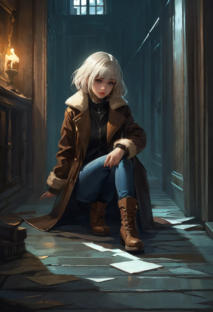 (Suspense scenes ((Concept Art)), A girl with rich details，Wearing jeans、Brown coat and boots), (Better lighting, Better shadows, Extremely subtle and terrifying), (Digital Illustration), ((4K)), [(Dynamic Angle,((1 Girl)),White hair, (Pretty Face, Perfect face, scared,) Expression of fear, The clothes are torn, With a gun in hand, Sitting on the floor, darkness, House of Horrors),  [:(dark, mystery, Game Paint, Harsh environment, Zigzag corridor, big house, Dead):]