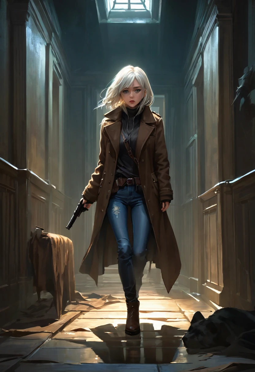 (Suspense scenes ((Concept Art)), A girl with rich details，Wearing jeans、Brown coat and boots), (Better lighting, Better shadows, Extremely subtle and terrifying), (Digital Illustration), ((4K)), [(Dynamic Angle,((1 Girl)),White hair, (Pretty Face, Perfect face, scared,) Expression of fear, The clothes are torn, With a gun in hand, Sitting on the floor, darkness, House of Horrors),  [:(dark, mystery, Game Paint, Harsh environment, Zigzag corridor, big house, Dead):]