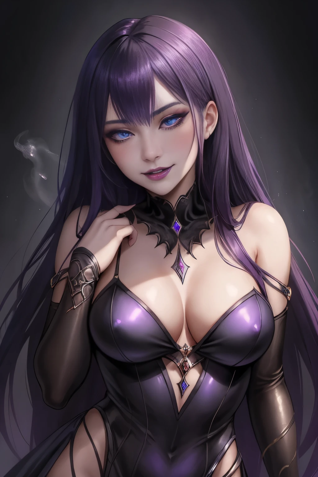 強力なスーパーevil女がクローズアップでポーズをとる, Black Goddess (Bare shoulders), length, Flowing purple hair, View your viewers, Highly detailed face, Perfect hands, Blue smoke swirling around her, evil事を愛する, Captivating blue eyes, Dark fantasy, , realistic girl rendering, 8k artistic german bokeh, Enchanting girl, Real Girls, Gurwitz, Gurwitz-style artwork, Girl Roleplay, Realistic 3D style, cgstation Popular Topics,, 8K Portrait Rendering,(truth,truth:1.4)、Genuine, Symmetric, High detail, Esoteric arachnids lady, Spider Queen Elise, League of Legends, Esoteric arachnids, Combat Stance, ( The body is made with liquid metallic paints in metallic mauve and metallic black...、It beautifully depicts the female form...。), length, Sharp Fangs, nature, ((Complex metallic colors in the foreground)), (( Fluid Mechanics, The most beautiful smooth scale face makeup, Smirking expression)) - Dark blood, Onyxia、Noir painting of a beautiful young witch, length purple hair, dark purple lips, evil, evil女, smile, Black Prom Dress, She is coming to you, close, Bright Blue Eyes, Surrounded by swirling pink smoke, Genuine, High detail, Highest quality