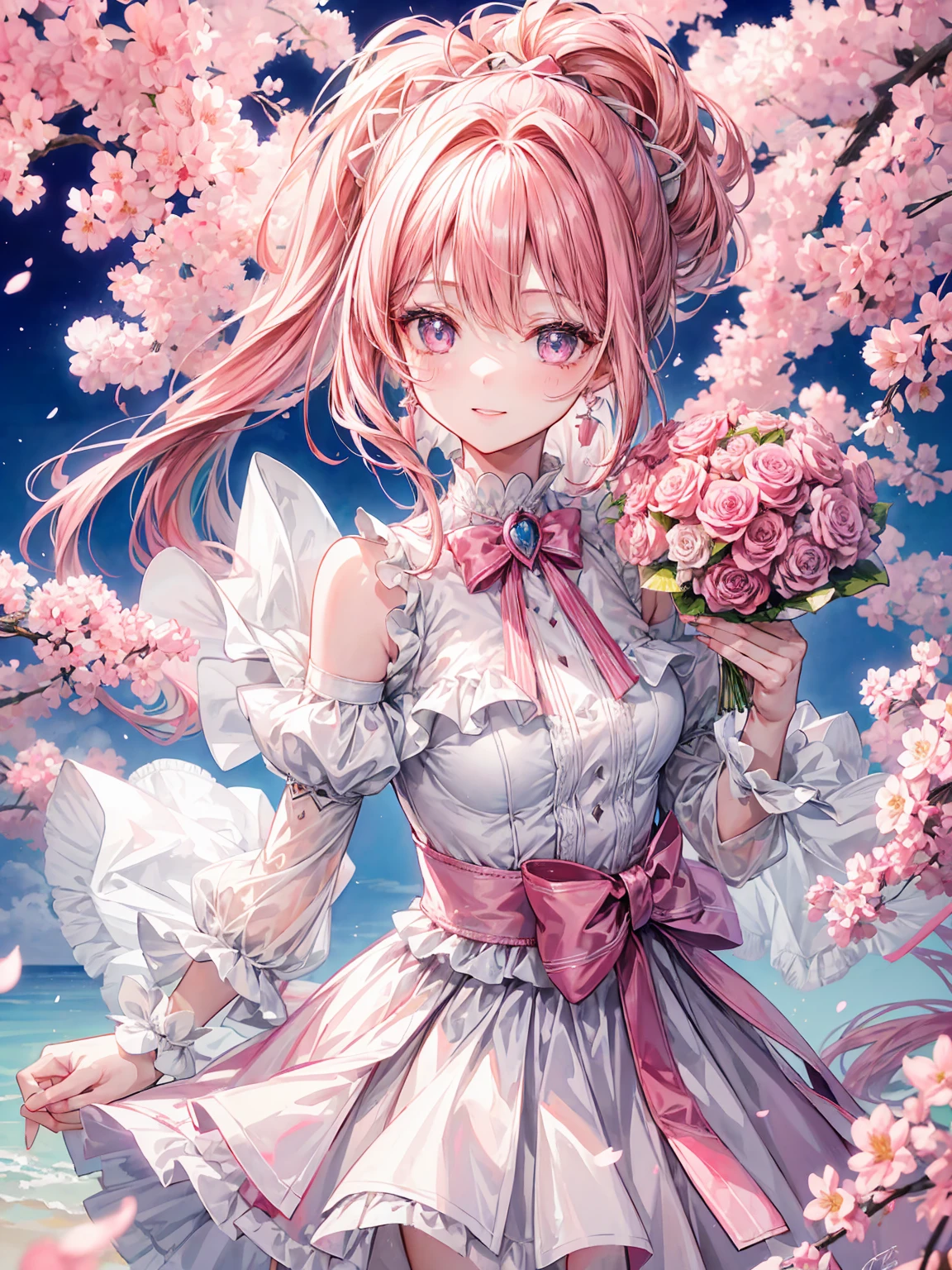 (1 Girl:1.0), (Age 25:1.0), (Medium Chest: 1.0), (Pink short ponytail: 1.2), (Beautiful photorealistic face:1.1), (Small, clear ruby-colored eyes:1.0), (Cybernetic female robot: 1.0), (Mech Suit: 1.0), (White Cuirass:1.0), (Doll joints: 1.0), (Pink gorgeous modest dress skirt:1.0), (Decorative embroidery:1.0), (White luxury dress:1.0), (cherry blossoms:1.0), (smile, Happy:1.0), (Holding a bouquet of flowers in both hands:1.3)、(Holding a bouquet:1.3)、公園の満開のcherry blossomsの下、Android Screenshots. 彼女の周りでcherry blossomsの花びらが舞う.
Highest quality, masterpiece, (Watercolor style:1.2)