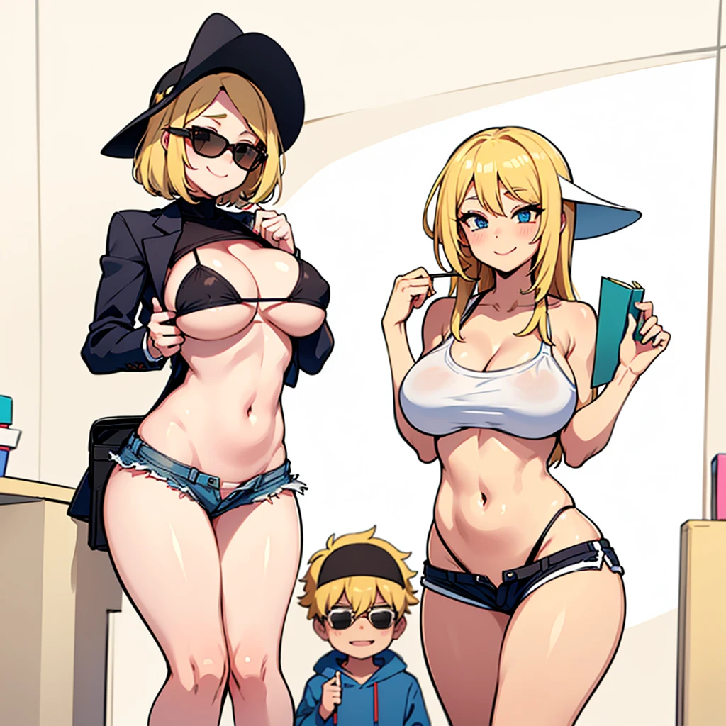 two sexy women in  teachers outfits, looking at 4 years old boonde hair and shorts, flirtatious smiles, women have various hair colors and hairstyles, women have sunglasses and sunhats