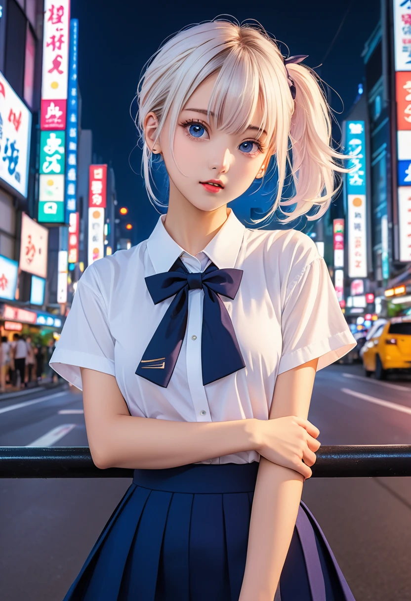 (8K, RAW photos, masterpiece:1.3), (Practical, photo-Practical:1.37), (night), (Looking at the audience:1.331), (White hair), Strike a pose, Tokyo Street, nightcityscape, Cyberpunk City, Soft Light, 1 Girl, Extremely beautiful face, Break, Hands down, Random hairstyle, random expression, big eyes, Lower abdomen, (Short sleeve .JK_shirt), JK_style, (Dark blue JK_skirt), (bowJK_tie), Mix 4., best quality
