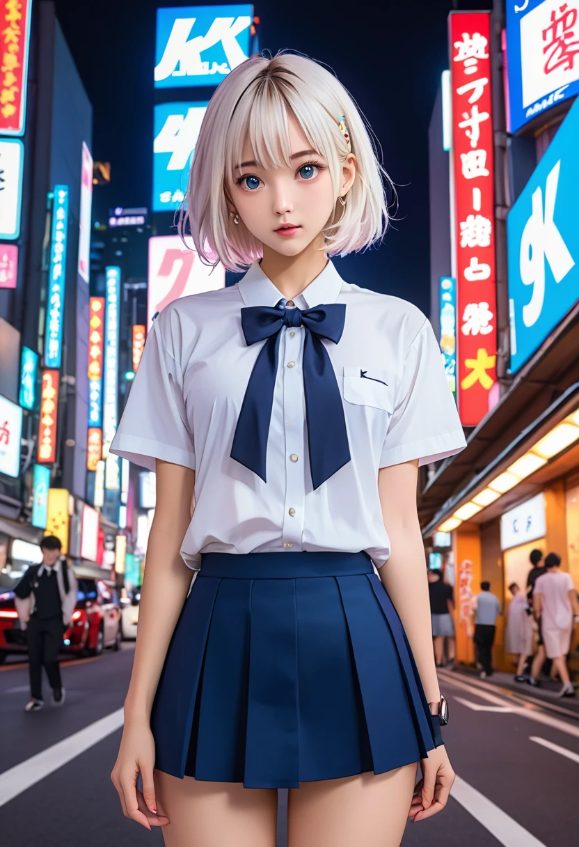 (8K, RAW photos, masterpiece:1.3), (Practical, photo-Practical:1.37), (night), (Looking at the audience:1.331), (White hair), Strike a pose, Tokyo Street, nightcityscape, Cyberpunk City, Soft Light, 1 Girl, Extremely beautiful face, Break, Hands down, Random hairstyle, random expression, big eyes, Lower abdomen, (Short sleeve .JK_shirt), JK_style, (Dark blue JK_skirt), (bowJK_tie), Mix 4., best quality