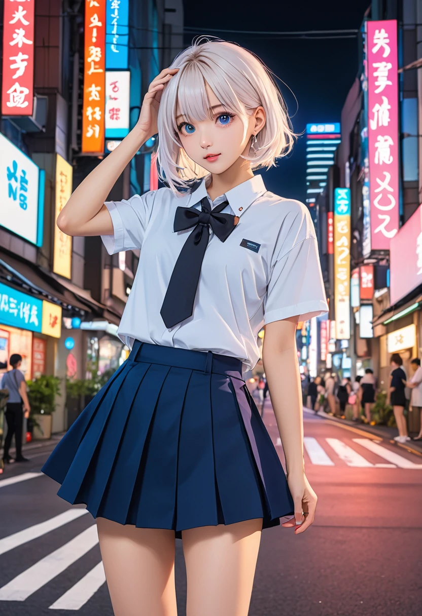 (8K, RAW photos, masterpiece:1.3), (Practical, photo-Practical:1.37), (night), (Looking at the audience:1.331), (White hair), Strike a pose, Tokyo Street, nightcityscape, Cyberpunk City, Soft Light, 1 Girl, Extremely beautiful face, Break, Hands down, Random hairstyle, random expression, big eyes, Lower abdomen, (Short sleeve .JK_shirt), JK_style, (Dark blue JK_skirt), (bowJK_tie), Mix 4., best quality