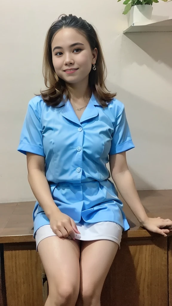 (8k, RAW photo, best quality, mastery:1.3), (realistic, photo-realistic:1.37), (looking viewer:1.331), posing Seductively, living room, soft light, 15 year old girl, short body, beautiful thighs, smaller chest, brunette hair, long hair, smile, sitting, wide open legs, (school uniform shirt, white shirt, short sleeves), blue mini skirt