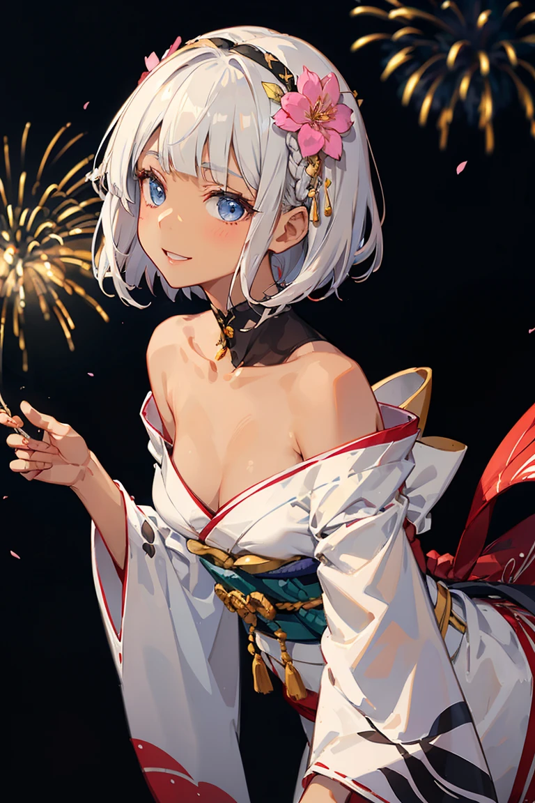 One Woman、 (((dark skin))), Beautiful silver hair、((((Very short hair))))、French braids、skyblue eyes、small eyes, ((tsurime)), Beautiful Eyes、(hair band)、(((Blunt bangs))), ((Medium Chest)), 24-years-old、Off the shoulder、Tight waist, night、Fireworks display、Japanese Festivals、((Pink long-sleeved kimono))、Long flower hair ornament、sexy pose, bewitching pose, leaning forward、upper body、smile、Shallow depth of field、