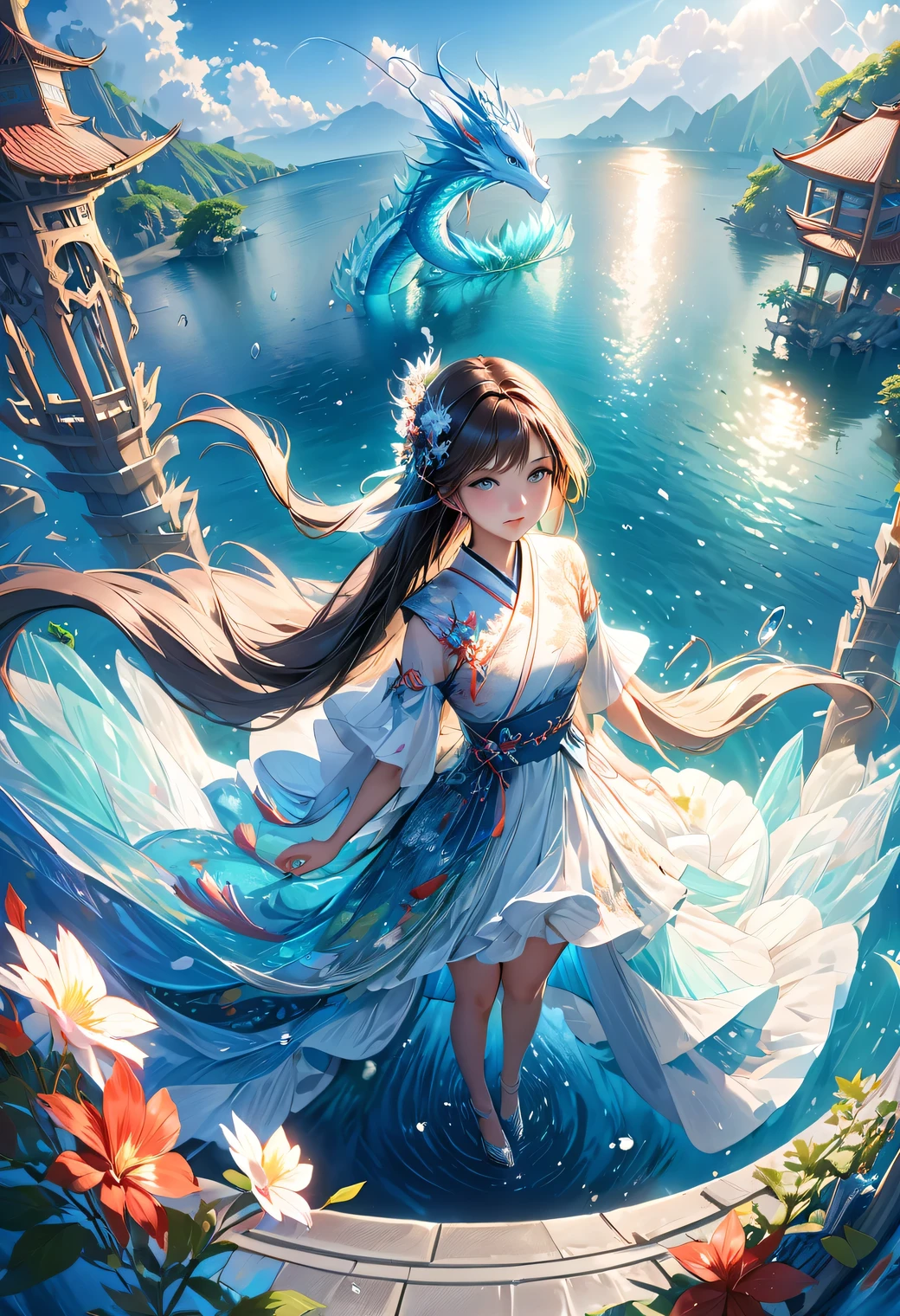 undersea Dragon Palace, 1girl Cute Princess Otohime, long flowing hair, Beautiful attention to detail, Beautiful lip detail, Highly detailed face, Porcelain-like skin, Elegant and gorgeous dress, loose fitting dress, Shimmering Scales, A glowing, bioluminescent ocean, Sunlight shining through water, Fantastic architecture, (Highest quality, 4K, 8K, High resolution, masterpiece:1.2), Super detailed, (Realistic, photoRealistic, photo-Realistic:1.37), Dramatic lighting, Vibrant colors, Structure of the film
