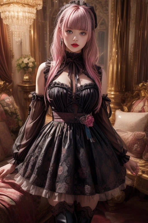 Mature Woman、Pink Hair、Black Hair、((Two-tone hair))、(Detailed face)、((ta dress with delicate pink decoration))、Slender women、Cute Woman、 8K Ultra HD, Delicate texture, Long Hair、(((blunt bangs)))、(((Drill Hair)))、Lace thigh-high tights、short boots、((Goth))、tutu mini skirt、A room in a Western-style building、((Delicate photo))，(Girl Astepeace RAW Photo Details:1.25), (highest quality:1.6), (超A high resolution:1.5), (Realistic:1.75), 8K resolution, Canon EOS R5, 50mm, Absurd, Ultra-detailed,Cinema Lighting、