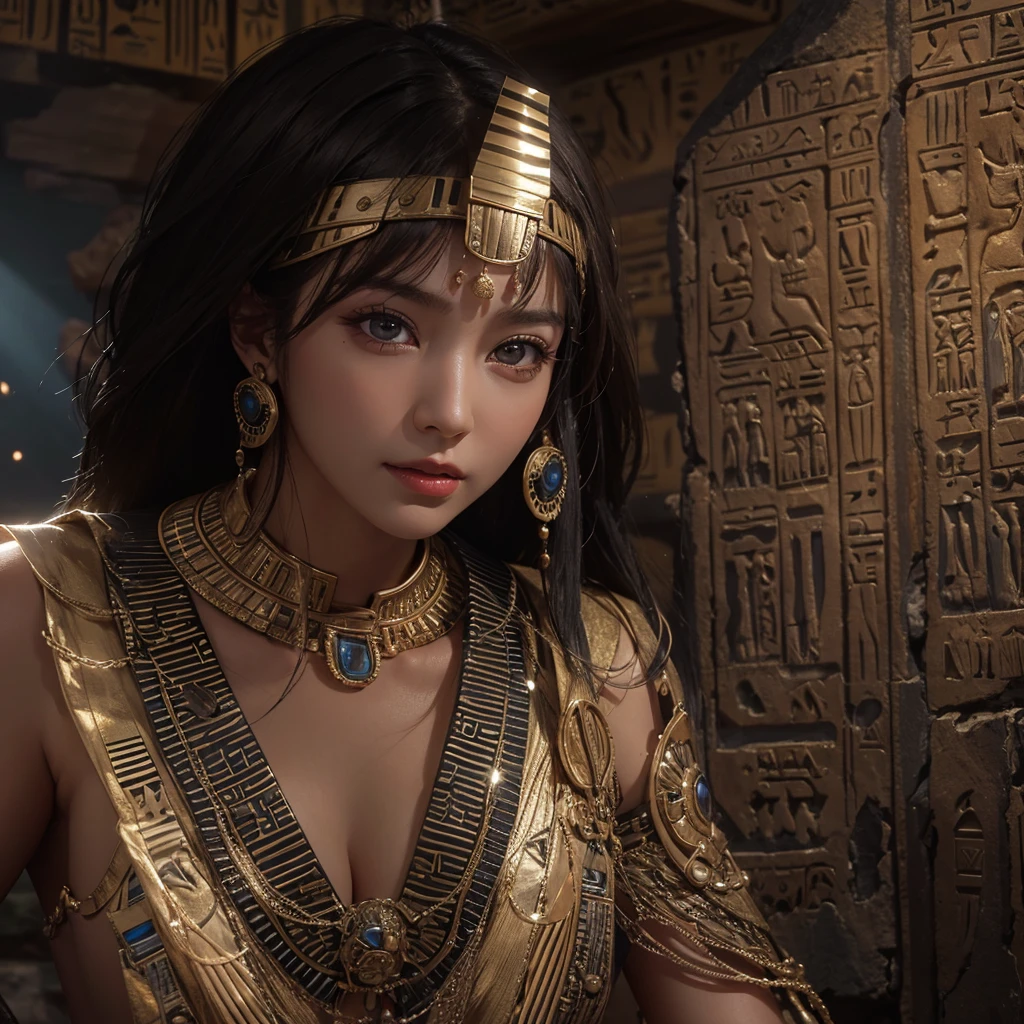Standing in an ancient Egyptian cave、Blowing hair 、 ((Highest quality、masterpiece、8K、Best image quality、Ultra-high resolution、Award-winning works)、(Accurate anatomy:1.1)、(Look at me and smile:1.0)、Shining fair skin with Ultra-high resolution、The most detailed face、Ultra-high resolution detailed face、Ultra-high resolutionの髪の毛、(Ultra-high resolution eye:1.1)、Beautiful face drawn in every detail、Ancient Egyptian costumes, Chest to chest,  Dark atmosphere,Dark Light, Ancient Egyptian makeup, 