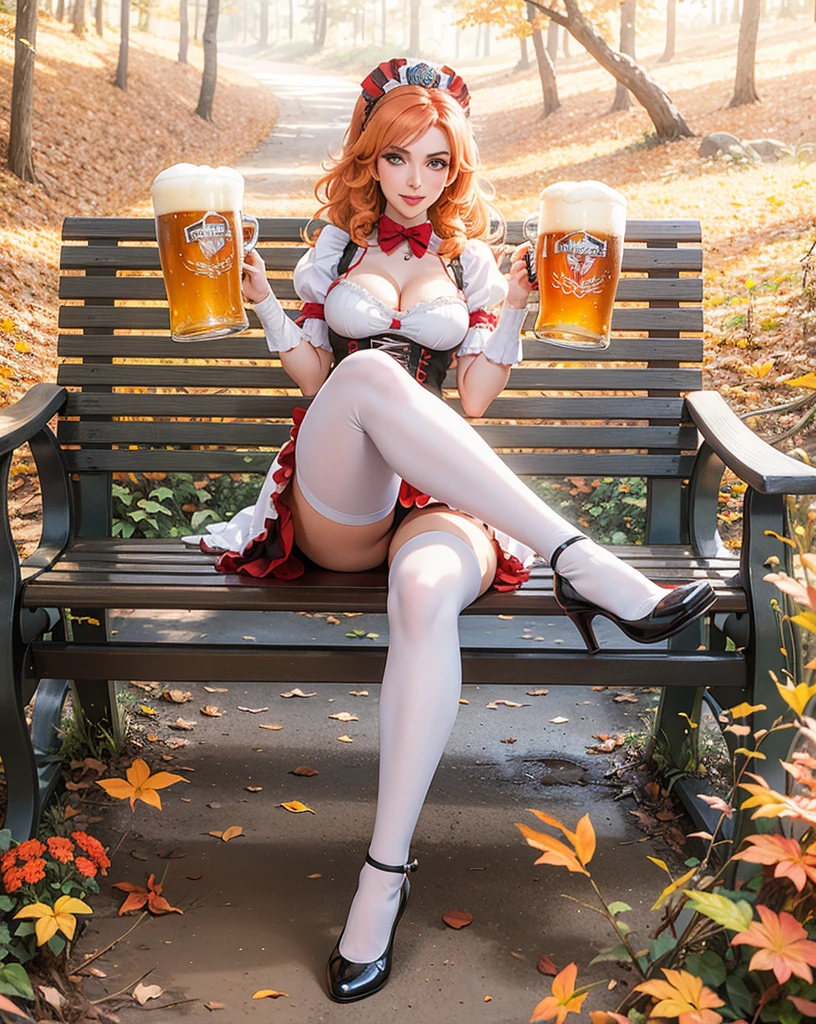 araffe sitting on a bench with a mug of beer in her hand, octoberfest, amouranth, better known as amouranth, jessica ri, holding beer, a sexaid in a magical forest, irina nordsol kuzmina,