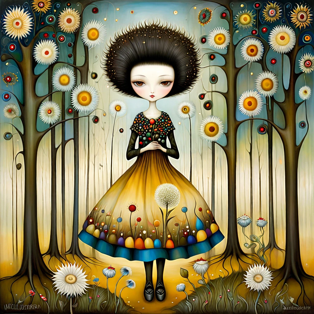 Patchwork by Klimt, Nicoletta Ceccoli, Naoto Hattori, Lawrence Didier, Leonora Carrington of European Woman with short black hair and a long wide skirt, Sittingin beautiful forest with strangely shaped trees of many colors, holds white dandelion and flowers of the Gazania and berries in his hands. warm colors. 