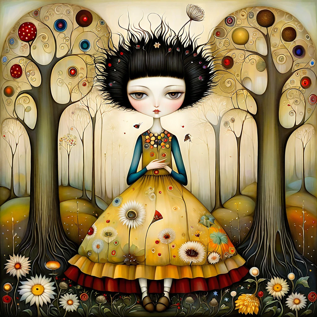 Patchwork by Klimt, Nicoletta Ceccoli, Naoto Hattori, Lawrence Didier, Leonora Carrington of European Woman with short black hair and a long wide skirt, Sittingin beautiful forest with strangely shaped trees of many colors, holds white dandelion and flowers of the Gazania and berries in his hands. warm colors. 