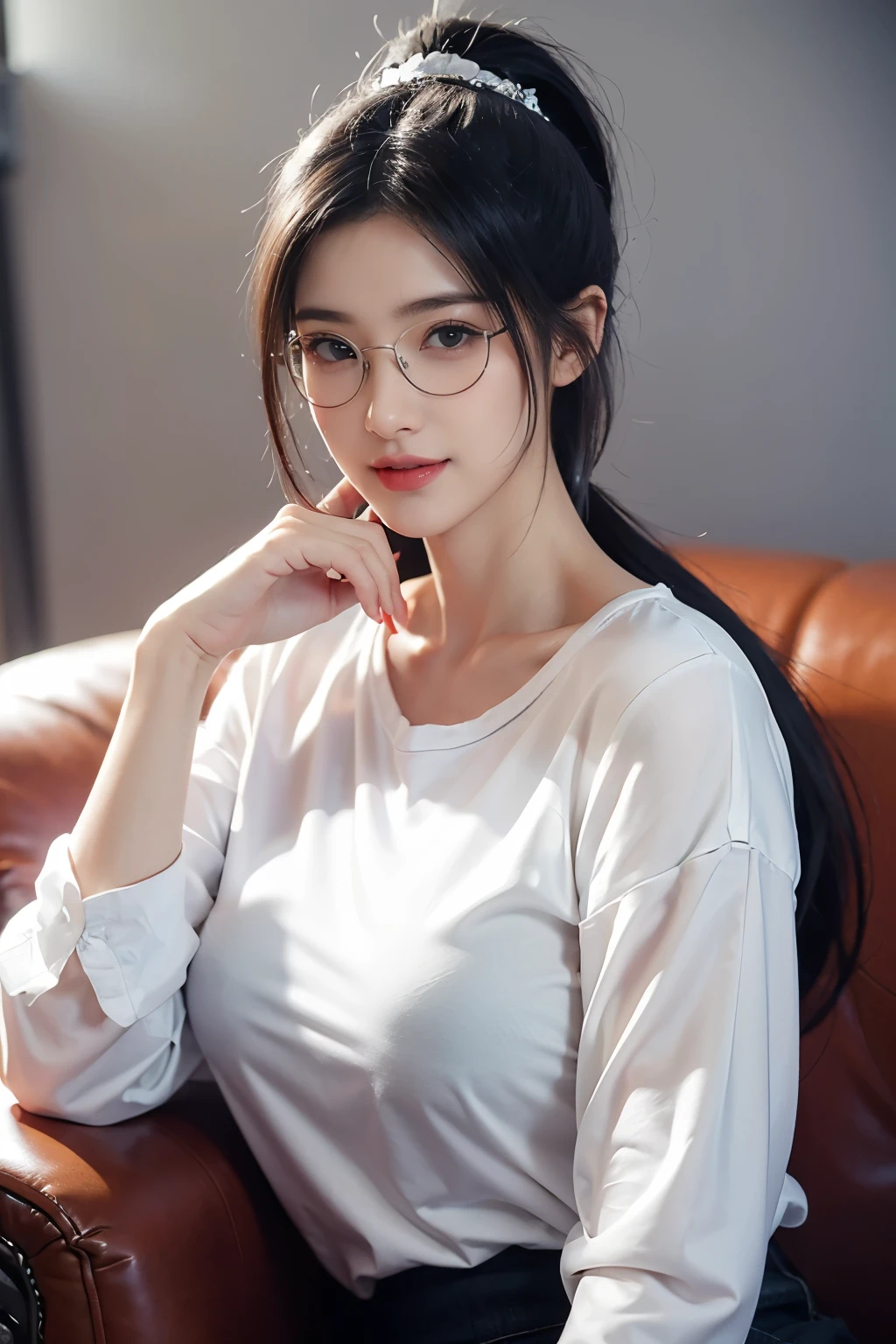 masterpiece,Best quality at best,A high resolution,8K,(home),20-year-old girl,(Hair gradients of black and red),Gray Random Hairstyle,blackeyes,(White and gray gradient ponytail hair,Gray),(Big breasts),An extravagant ornament,cparted lips,Keep your mouth shuegant and charming,((Blushing)),Proud,Calm,(White shirt, glasses),(Realistic style, look at viewer), sitting on couch, smiling