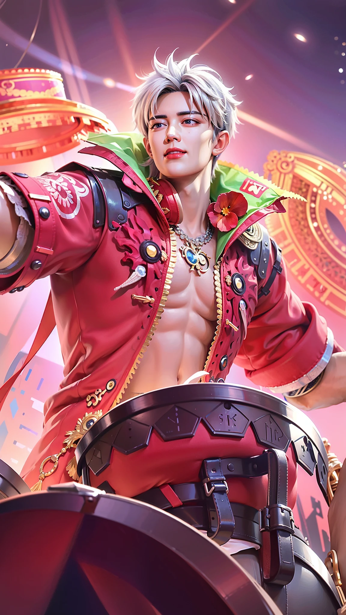 masculine male, masterpiece, ((perfect eyes)) best quality, (semirealism:1.9), beautiful lighting, (extremely detailed CG unity 4k fhd wallpaper), High Detail, Sharp focus, dramatic outdoors, 1 boy ,19 years old, white hair, light purpel eyes, smile.
