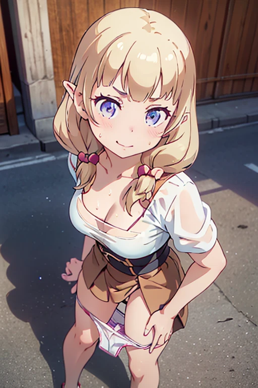 (from above:1.2),(from side:0.9), (Close-Up:0.6), highest quality、(real、photorealistic:1.4)、(RAW photo:1.2)(Curve,Model,glamor:1.5),Beautiful breasts,colour_aberration,beautiful detailed shadow,Beautiful eyes,Beautiful body,Beautiful skin,beautifull hands,(medium_breasts:1.5),1 girl in, (perky chest:1.2), (pointed chest:1.2), dark bronde hair,long hair,side ponytail,hair between eyes,bangs,Purplish brown eyes that dreamers desire, (Blonde hair) , small stature, Colossal tits, Lori, (masutepiece:1.2, Best Quality), (finely detailed beautiful eye: 1.2), (beautifull detailed face), (Best Illumination, extremely delicate and beautiful), ((Cinematic Light)), Dramatic light,Ultra Contrast、Braid a little around the ears, clavicle, red long dress、only has 5 fingers,Her pussy is visible through the see-through white thong、Wet pants、You can see inside your underwear、full of sweat、mocking look、diaper、nffsw,Arms crossed、grab the arm、Shoot from below、The angle is as seen from below.、Best Quality、Large breastuscular pussy:1.2、Pubic hair,high-level image quality、hightquality、8K,perfect hand、5 fingers、finger pin、Perfect Finger、see-through T back、Naked、noise cut、bullet hand、Her hair color should have been a brighter brown,The skirt part is also carefully expressed,brown skirt、the skirt is floating in the wind:1.3、see-through purple panties、Pubic hair majority,(with sparkling eyes and a contagious smile),her thin pubic hair:1.2, looking at viewer