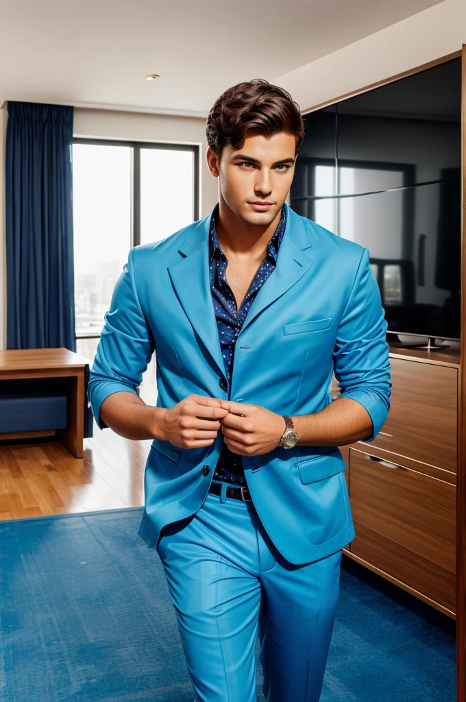 Young Rich man in blue court suite and cooling glass 