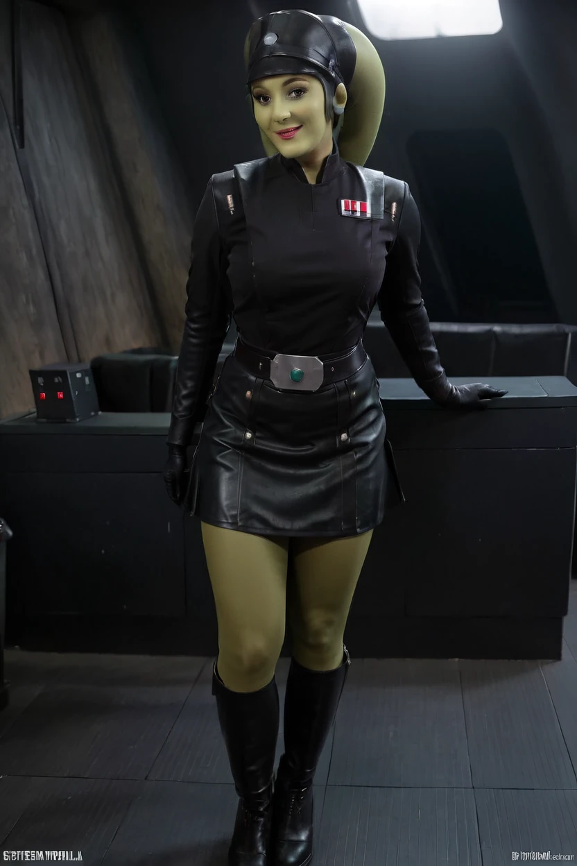 cinematic film still hera syndulla, (green skin:1.2), grin at canal, full body imperail officer wearing a black uniform with a skirt, standing in a dark interior, highly detailed, high budget Hollywood movie