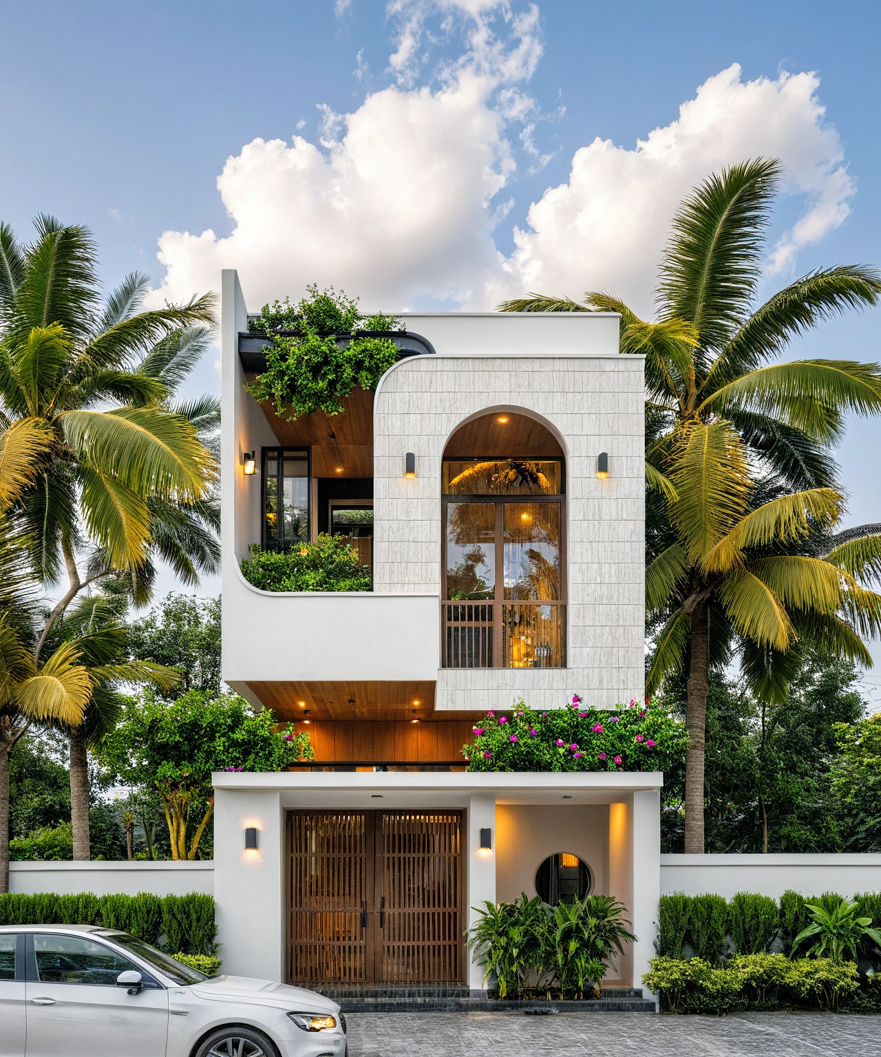 Masterpiece, high quality, best quality, authentic, super detailed, outdoor, aiaigroup, modern 2-storey townhouse style, stairs, white wall combined with wood, wind encaustic tiles, iron gate, ceiling conwood, flowers, path, summer evening, grass, trees, sky, clouds, (daylight: 1.1)