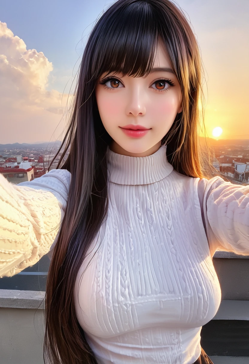 (Solitary:1.3)), 1 Girl, best quality, realistic, Reality, best quality, masterpiece, Very refined, Very detailed, (Selfie:1.2), Fine details, Ultra Detailed, HD, Very detailed, realistic, Ultra HD, best quality, Ultra HD, (real:1.4), High quality textures, Wearing a white thin summer sweater, On the roof, Bangs, Long hair , Afternoon Sunshine, Spectacular sky and clouds