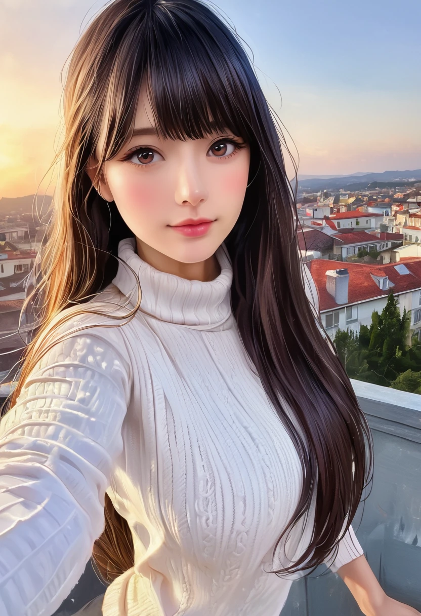 (Solitary:1.3)), 1 Girl, best quality, realistic, Reality, best quality, masterpiece, Very refined, Very detailed, (Selfie:1.2), Fine details, Ultra Detailed, HD, Very detailed, realistic, Ultra HD, best quality, Ultra HD, (real:1.4), High quality textures, Wearing a white thin summer sweater, On the roof, Bangs, Long hair , Afternoon Sunshine, Spectacular sky and clouds