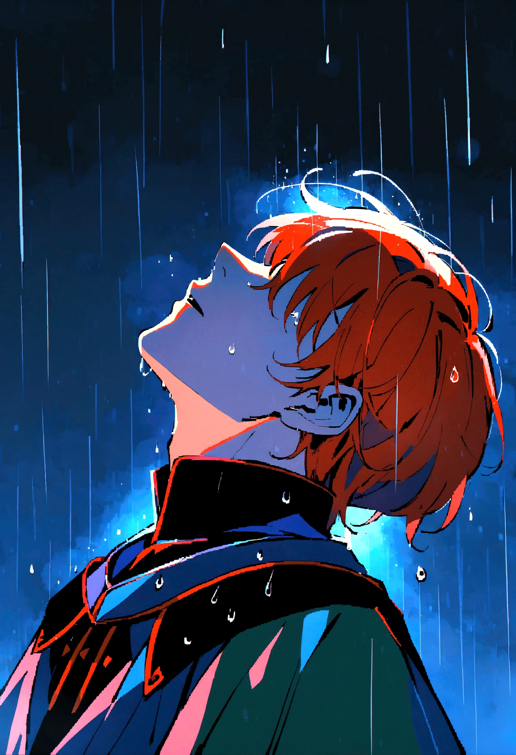 Male Character, teenager, centralized character, short red hair, male medieval clothing, dark clothes, neutral facial expression, no eyes, eyes do not appear, hair covering eyes, body sideways, face sideways, face is looking up, looking up at the sky, head is looking up, no eyes, hair covering eyes, character wet by rain, tears in the rain, dark background, night, raining, raindrops, cold colors, dark colors, sad