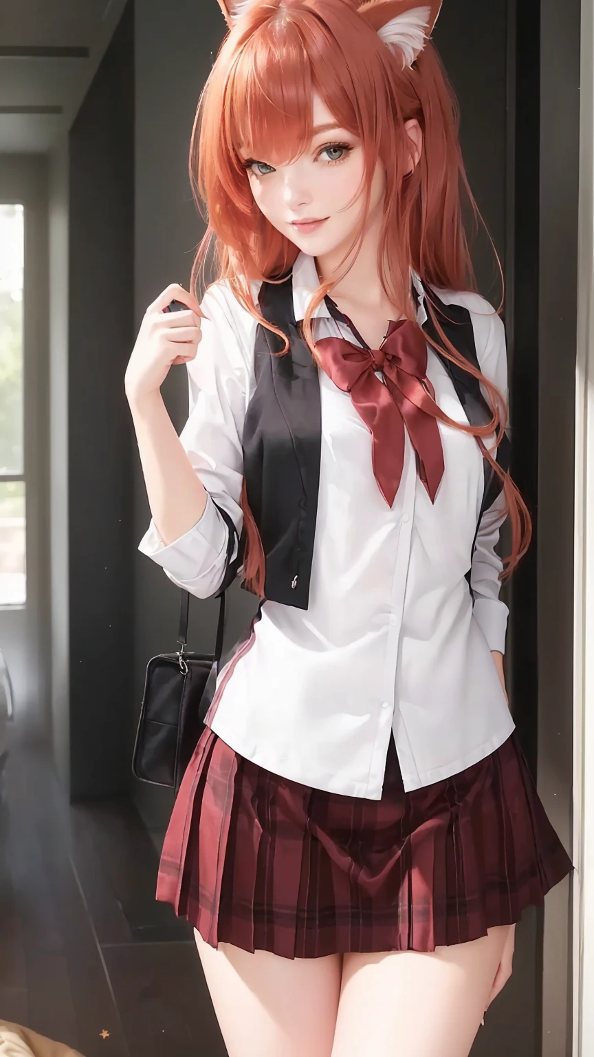 ((Best quality)), ((Meisterwerk)), (Detaillierte), photorealistic, realistic, 30 years old woman laying on a bed, small breasts, looking happily into the camera, ginger red hair, messy hair, cat ears, she is waring a tight cropped top, jacket, the jacket slightly slips from her shoulder, skirt, short skirt, over knee highs, small breasts, small cup size, photo shooting, bedroom, erotic atmosphere, sexy, both arms over her head, legs spread wide, hyperrealistisch