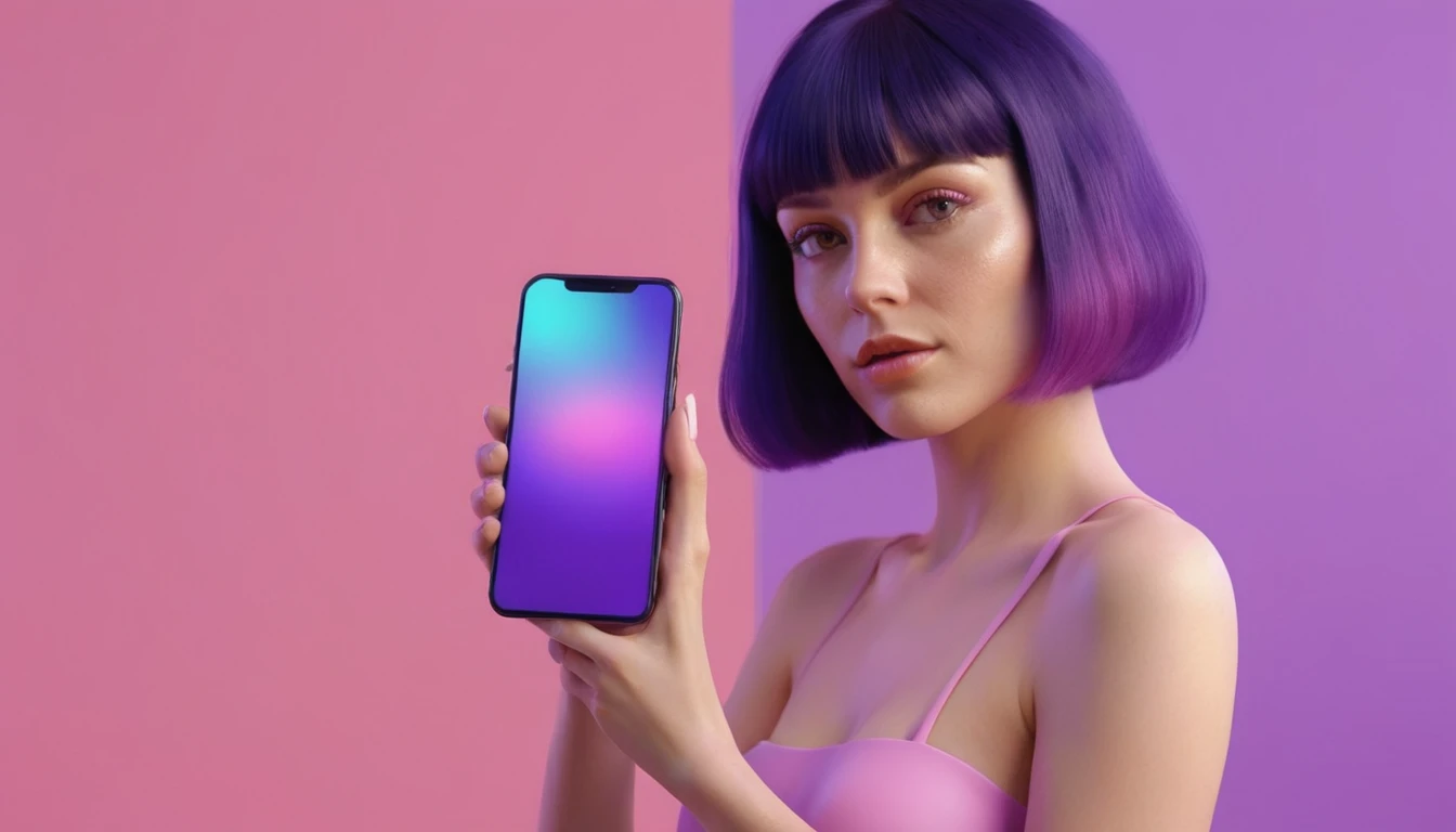 woman holds smartphone in her hand, naked european woman holding a dildo and smartphone that is glowing with pink and purple colours, in front of blackhair man, we can see their face close, closeup, minimalistic, in a light purple and pink style, with soft edges and blurred details, in the toycore style, with a 3D render, on a colorful background, with a minimalist stage design, in a surreal style, with a cinema4D rendering, with a minimalist style, with low saturation, using gradient colors, with a cinema4D rendering, with a blender rendering, with super detail, at a super high resolution, at a super high definition