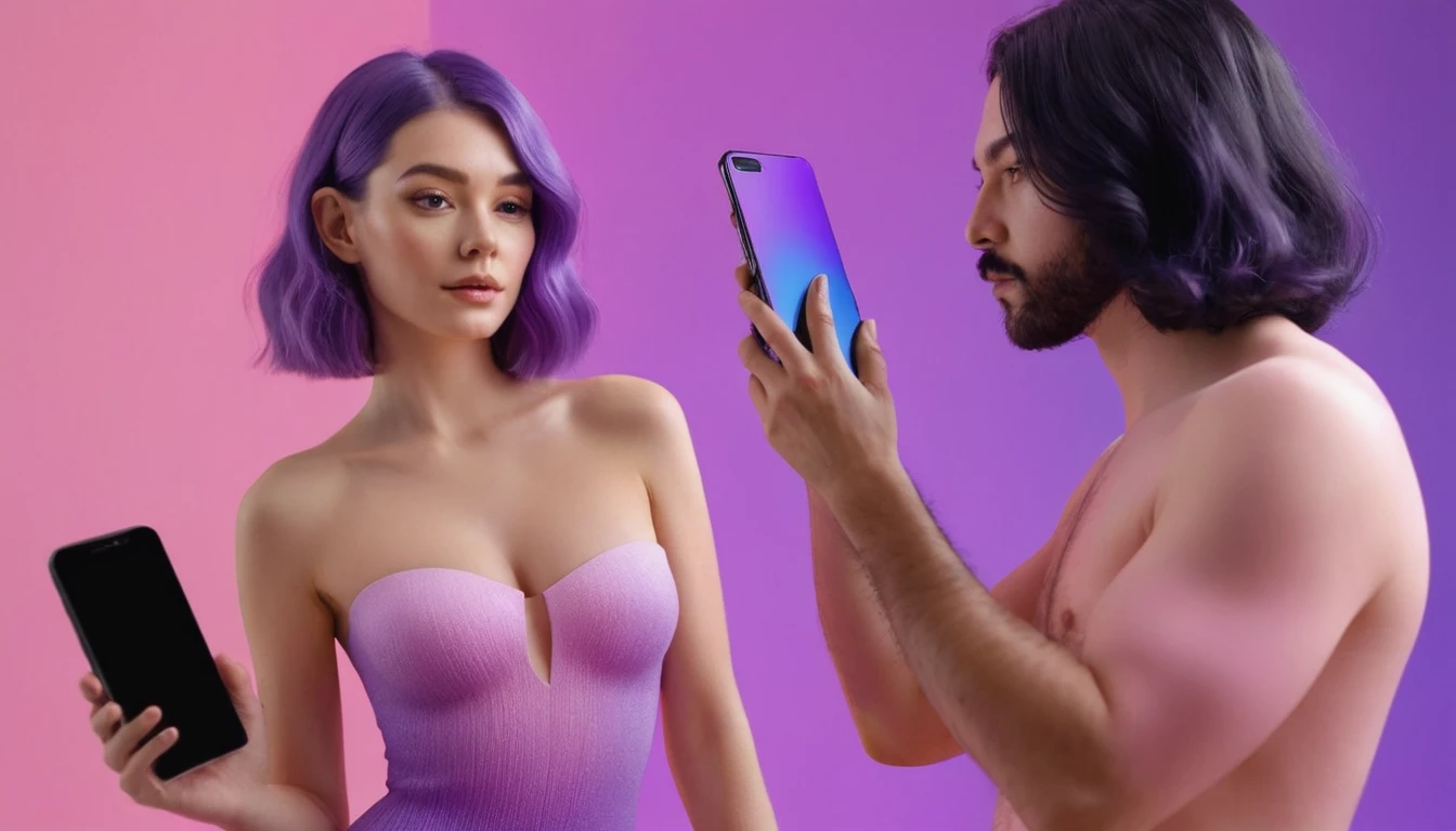 woman holds smartphone in her hand, naked european woman holding a dildo and smartphone that is glowing with pink and purple colours, in front of blackhair man, we can see their face close, closeup, minimalistic, in a light purple and pink style, with soft edges and blurred details, in the toycore style, with a 3D render, on a colorful background, with a minimalist stage design, in a surreal style, with a cinema4D rendering, with a minimalist style, with low saturation, using gradient colors, with a cinema4D rendering, with a blender rendering, with super detail, at a super high resolution, at a super high definition
