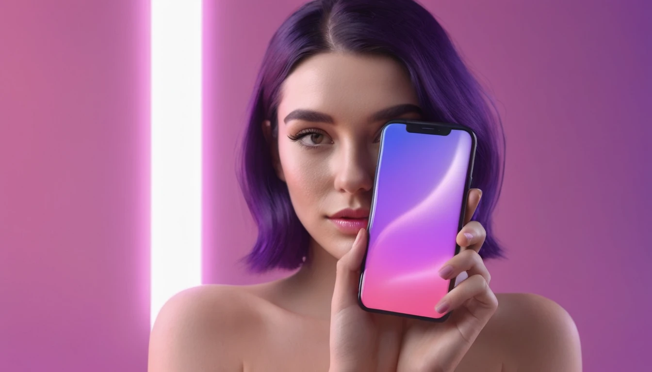 woman holds smartphone in her hand, european woman holding a dildosmartphone that is glowing with pink and purple colours, in front of blackhair man, we can see their face close, closeup, minimalistic, in a light purple and pink style, with soft edges and blurred details, in the toycore style, with a 3D render, on a colorful background, with a minimalist stage design, in a surreal style, with a cinema4D rendering, with a minimalist style, with low saturation, using gradient colors, with a cinema4D rendering, with a blender rendering, with super detail, at a super high resolution, at a super high definition
