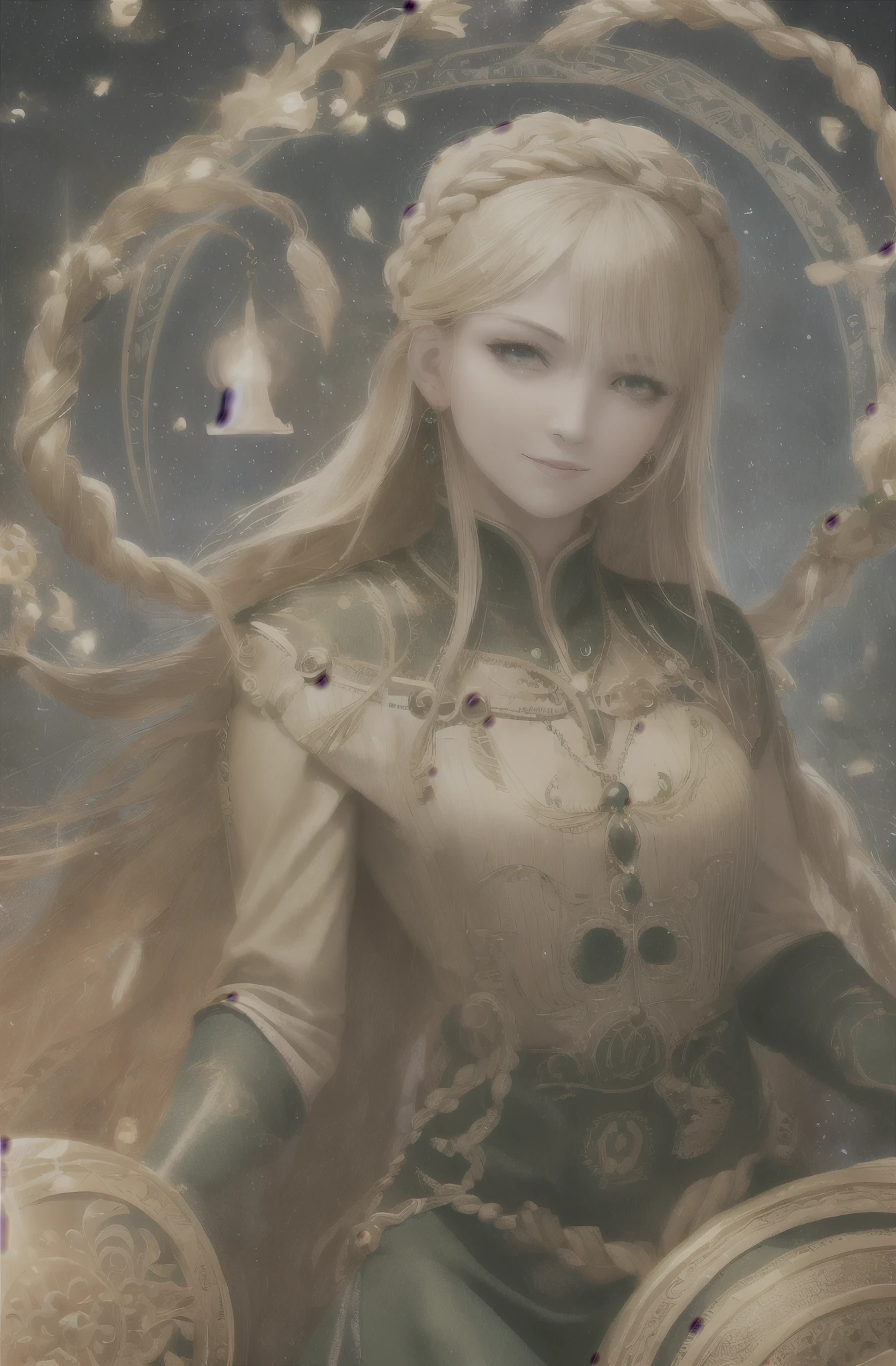 best quality, masterpiece, upper body,
(adult:1.6) ukrainian woman, (smirk:0.4),
braided blonde hair,
emerald eyes,
medieval sundress,
floating light particles, centered,