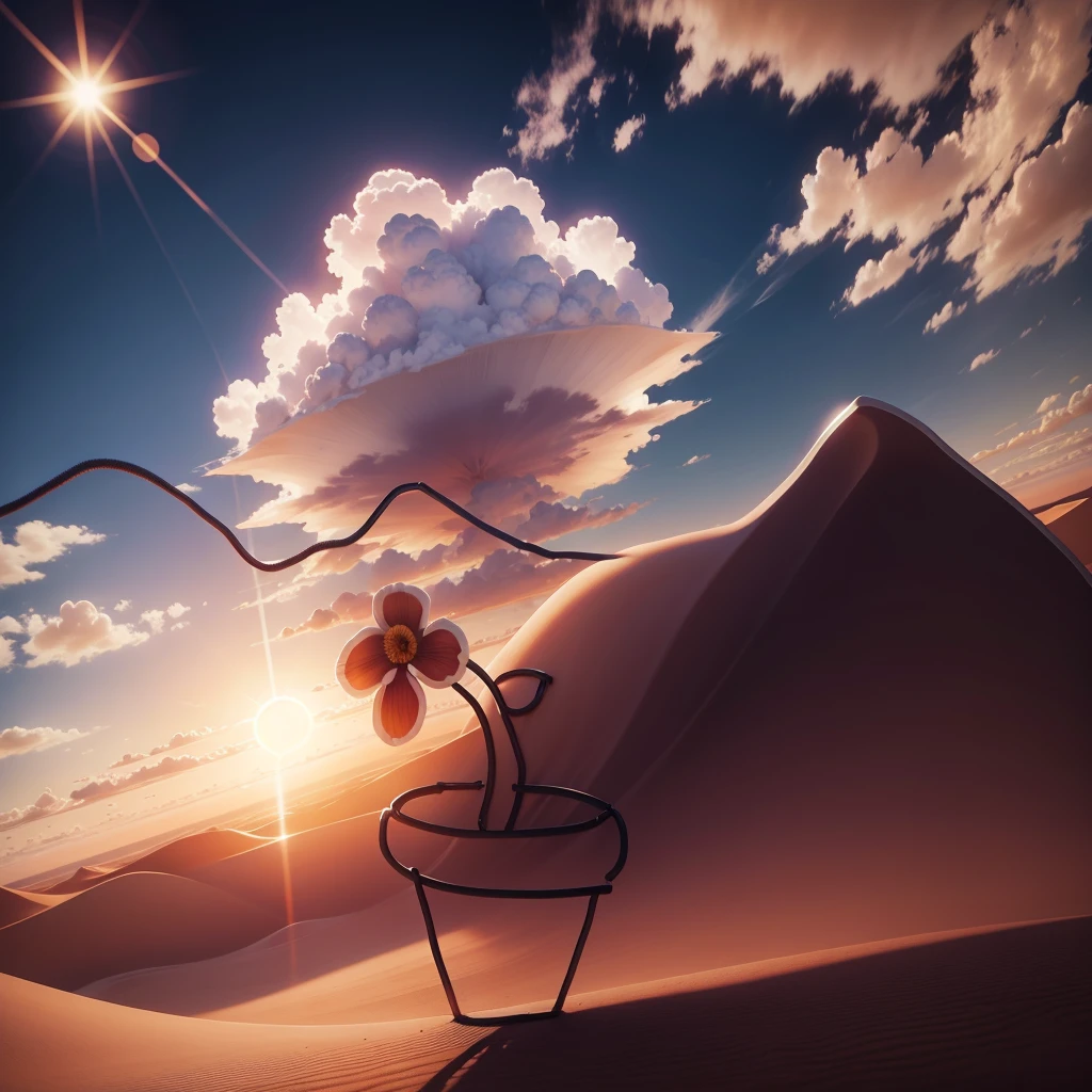 A flower in the desert, background with a blue sky and white clouds, scorching sun