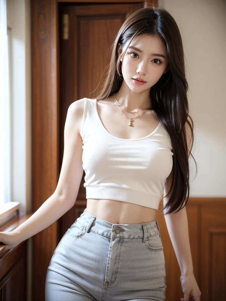 beautiful russian woman in her 20s, 8K, perfect physique, perfect proportions, detailed face, high quality, photorealistic, stunning eyes, long eyelashes, attractive facial features, flawless skin, light brown hair, tight waist, necklace, active posing, rough long hairstyle, vivid colors, masterpiece, best quality, society, dance, noble, 煌びやかなドレス