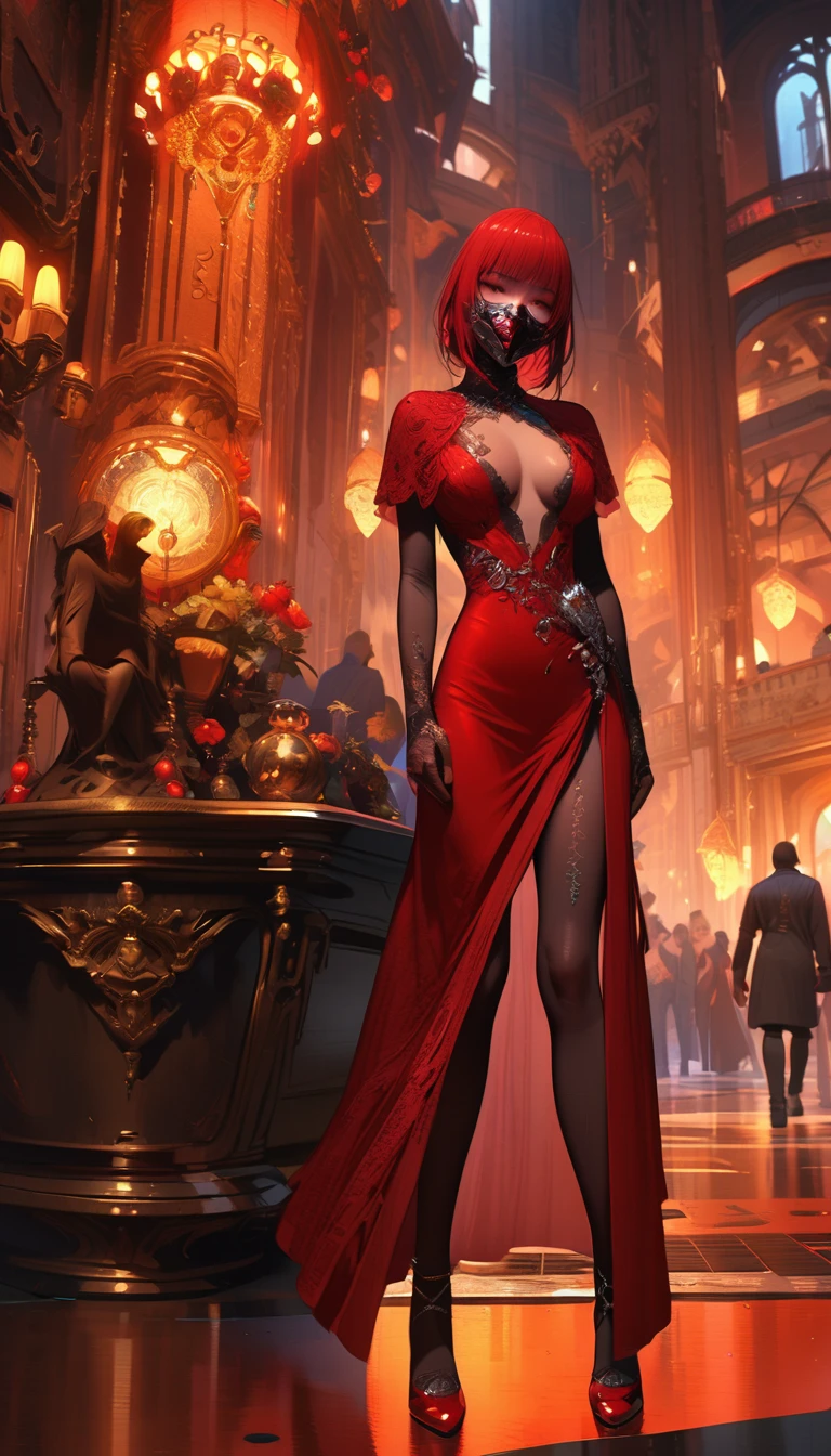 full body shot, A realistic cinematic picture where Elektra from the Marvel universe is in the Cyberpunk 2077 universe. She is dressed in a elegant black and red evening dress and has a mask on her face. She is at a ball, where she is supposed to complete a mission. She has a hidden weapon with her. The picture shows how she blends in with the crowd, using her charm and skills. On her body, there are a few small cybernetic implants. They are not many, but they are nicely fitted to her body and face, reflecting the light from the chandeliers, and from a distance they look like jewelry. In the background, there are rich and powerful people, who are unaware of her true intentions. The picture is suspenseful and captivating. It shows the whole silhouette of the character in a contrast with the environment. detailed and realistic skin texture, full body shot, 