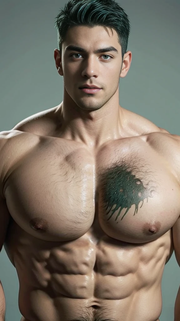 Green hair, light blue eyes, ((shirtless)), ((massive pecs:1.3)), handsome, muscular, large areolas, hairy