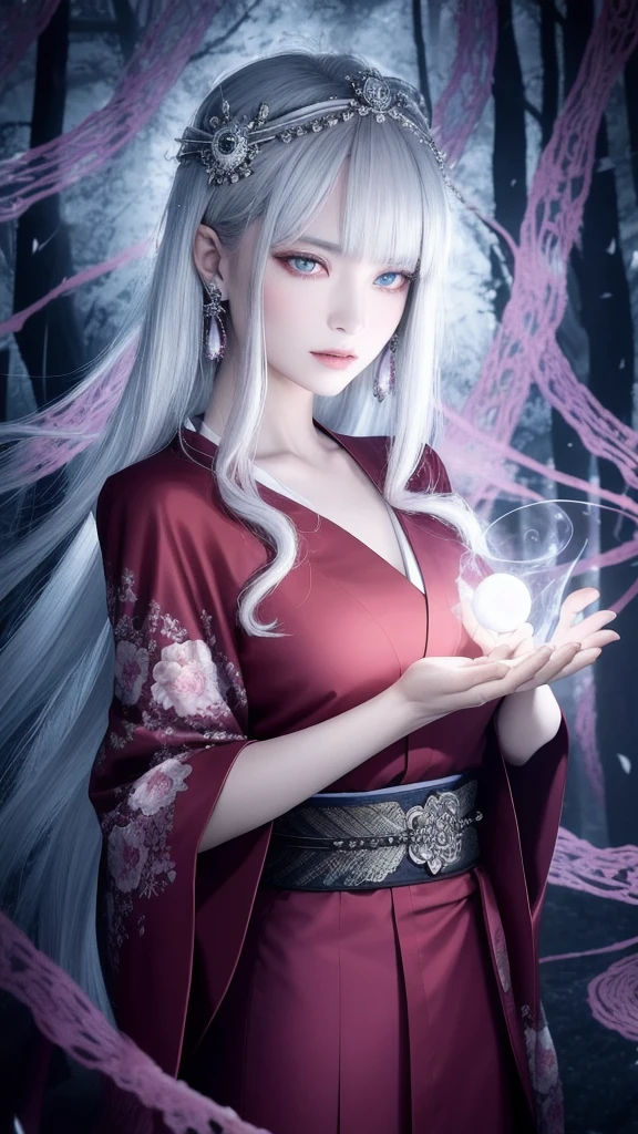 (masterpiece, top quality, 1 female, solo, exquisite details, chromatic aberration), (realistic), (skin), ((breathing)), (silver hair, blunt bangs, short cut straight long hair, short cut bangs, silver hair), beautiful hair, big red headdress, blue highlights, hair on one eye, purple eyes, thick lips, earrings, piercing eyes, friendly eyes, ((pink and white kimono)), ((symmetrical eyes)), ((perfectly symmetrical body)), ((perfectly symmetrical hands)), (purerosface_v1:0.3), night, (((self, natural light))), bright lighting, flowers blooming in the background, facing forward, ((central shot, from the front, (face and waist))), mysterious atmosphere, flowers blooming around, light colored background, fortune teller in kimono, beautiful fortune teller, fortune teller, dark fantasy female fortune teller, female fortune teller, fantasy photography, magician, witch fairy tale, japanese style, elegant cinematic fantasy art, fantasy woman, magician portrait, casting a spell, fortune teller, unsexy kimono, a powerful wizard stands in a mysterious forest, fluttering robes adorned with symbols, holding a glowing heart crystal ball, eyes glowing with mystical energy, spells leaking from his mouth, vivid swirling patterns of black magic pulsating in hues of red and blue appear in the air, magic permeates, flowers bloom and sacred creatures gaze in awe, threads of magical energy dance, revealing hidden realms and unravelling secrets, capturing the essence of this enchanting moment and bringing to life the mysterious power of black magic on a canvas of the highest quality and finest detail. Top Quality, Masterpiece, Ultra High Resolution, (Photorealistic: 1.4), RAW Photo, Sharp Focus, High Resolution, Detailed Skin, .